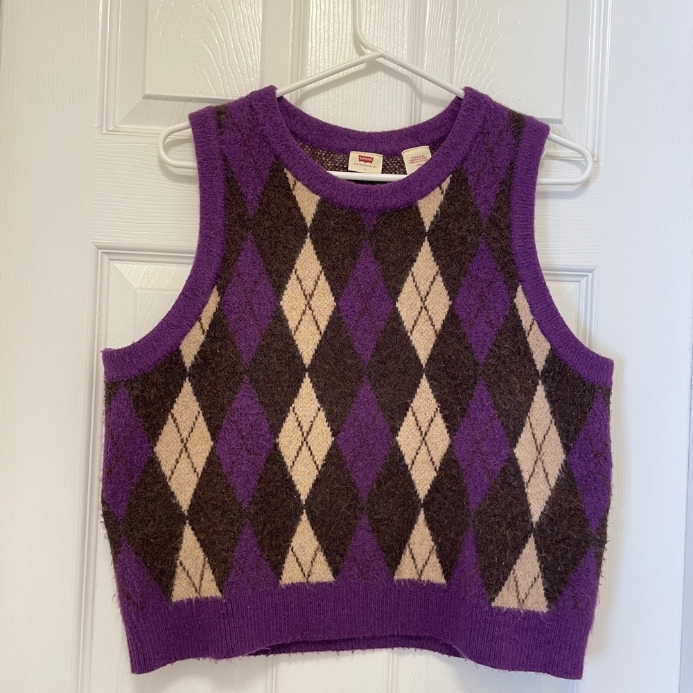 Levi's Cozy Argyle Sweater Vest in Purple and Brown L